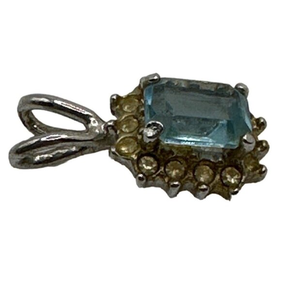 Dainty Faux Vintage Blue Pendant Aqua Glass Rhinestone Accents Silver Tone - Picture 4 of 6